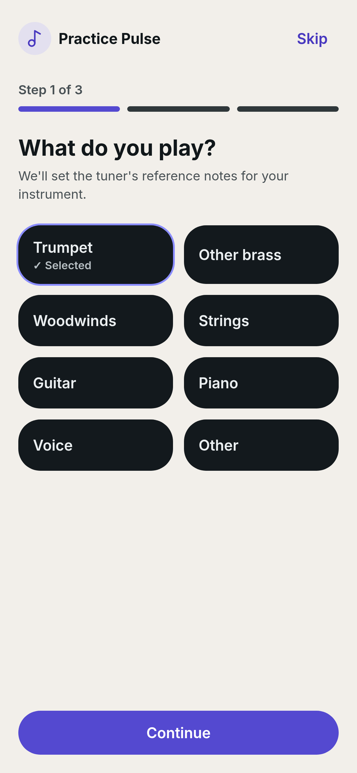Practice Pulse onboarding screen with a short, skippable setup step