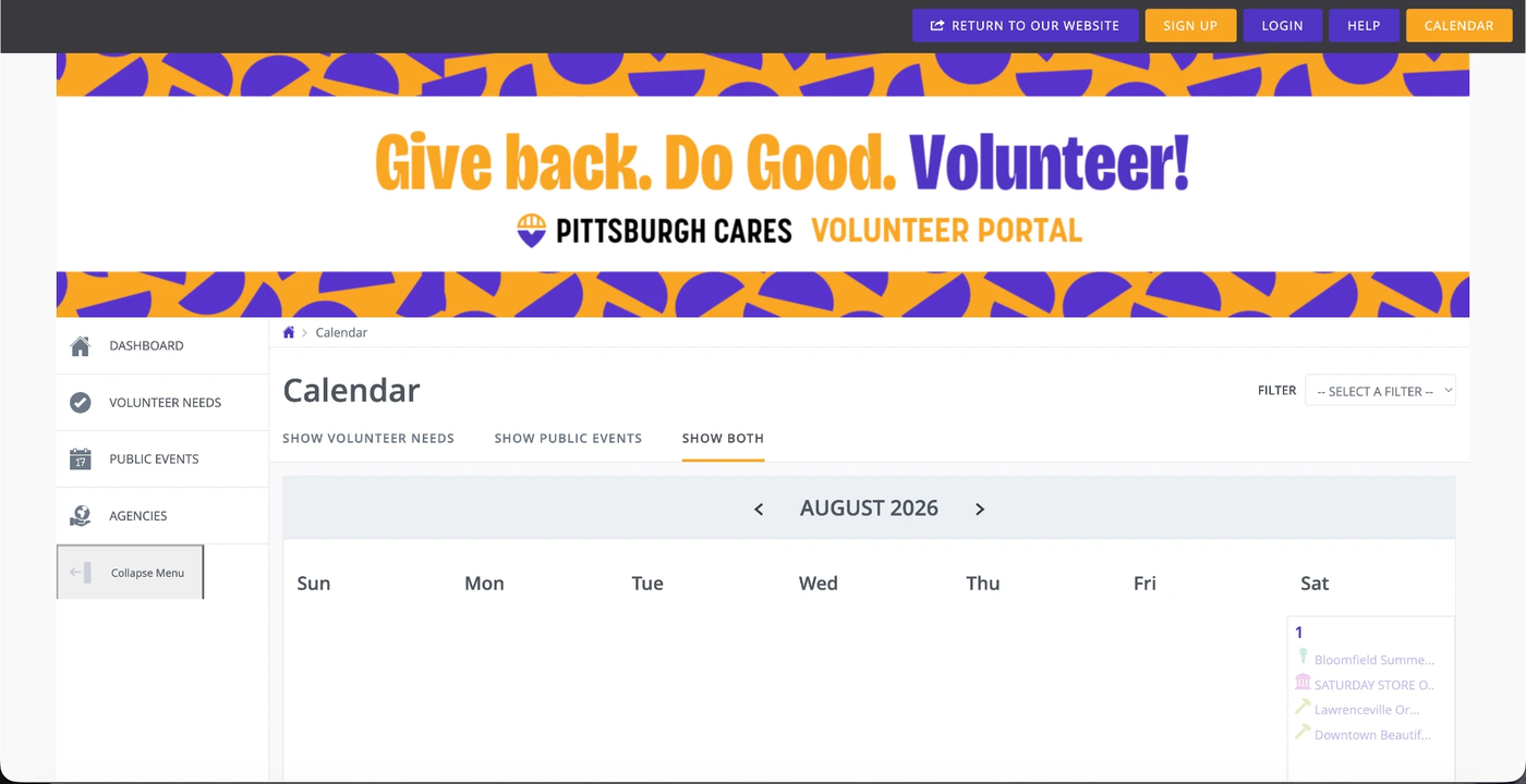 Pittsburgh Cares volunteer-calendar handoff and login experience