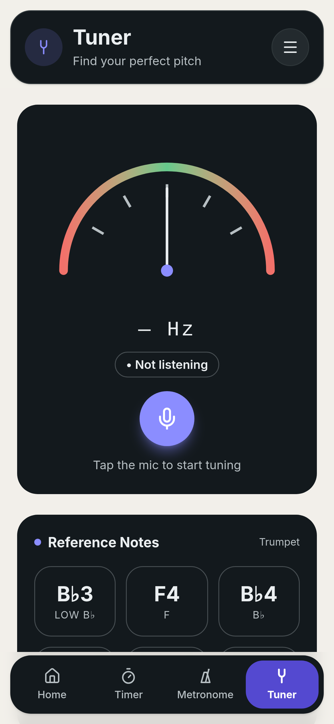 Practice Pulse Tuner screen with pitch reading and reference notes
