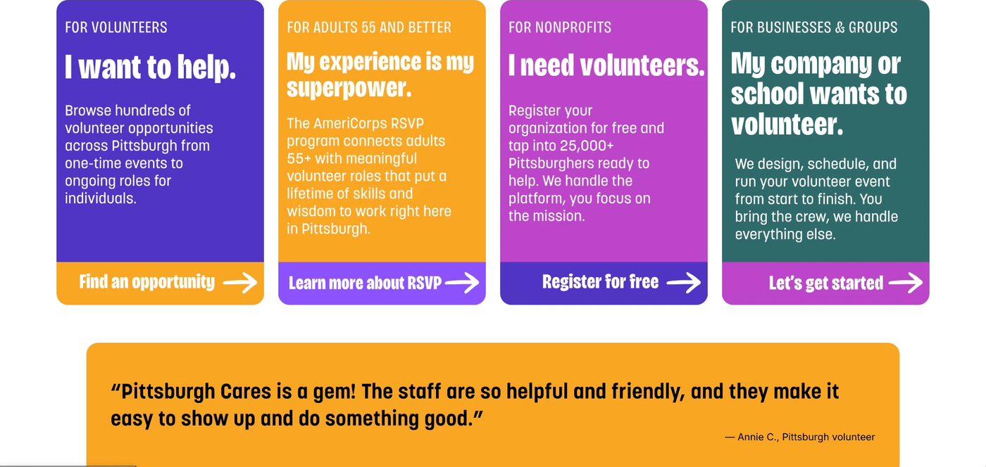 Pittsburgh Cares homepage entry-point buttons for different volunteer audiences