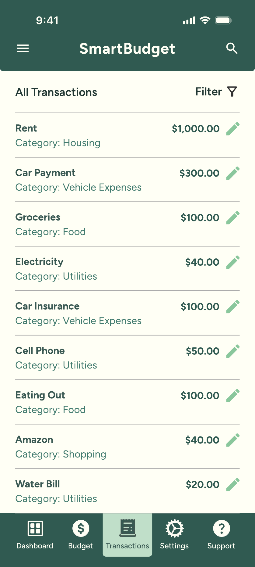 All Transactions screen listing rent, car payment, groceries and utilities with amounts, category labels, and a filter control