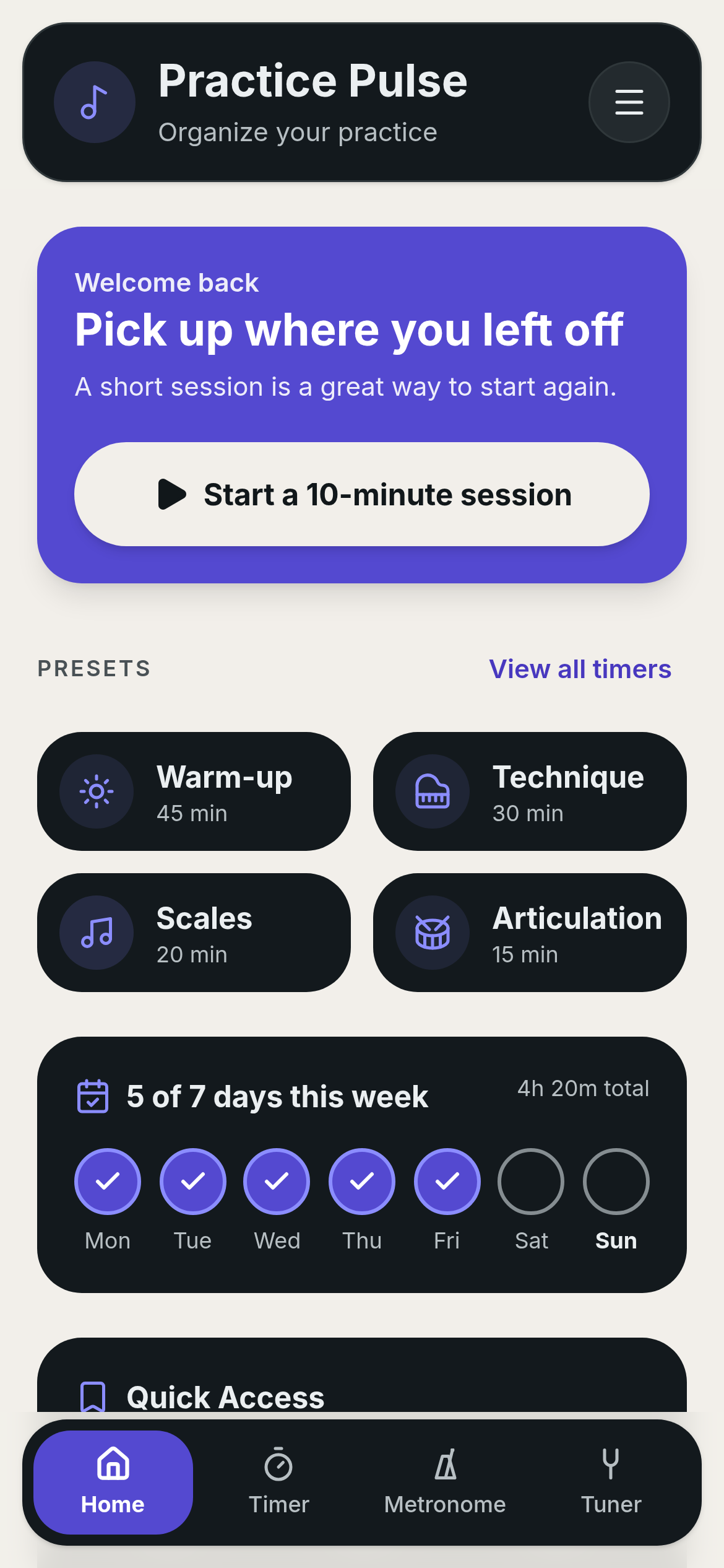 Practice Pulse Home screen showing a neutral welcome-back message after a missed day