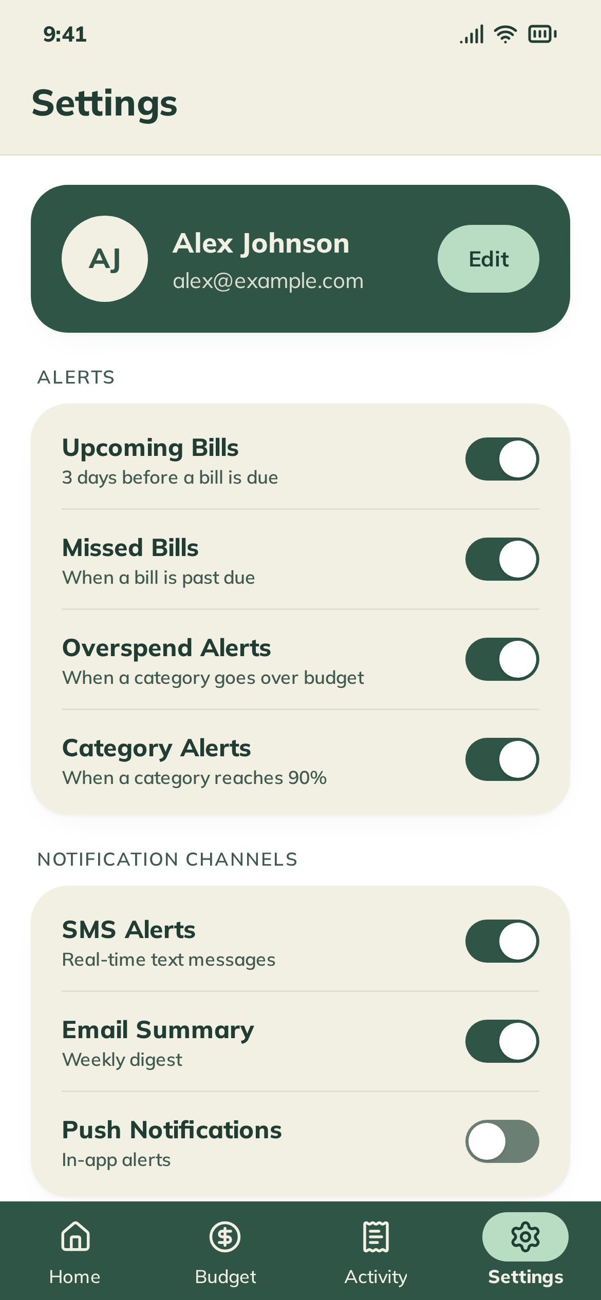 Smart Budget Settings screen showing Alex Johnson's profile and alert settings, each with a short explanation; Upcoming Bills and Category Alerts are switched on.