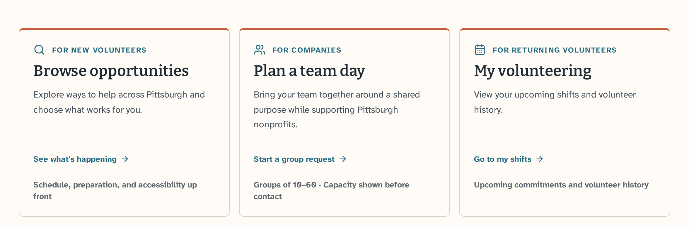 Three Pittsburgh Cares homepage cards: Browse opportunities for new volunteers, Plan a team day for companies, and My volunteering for returning volunteers