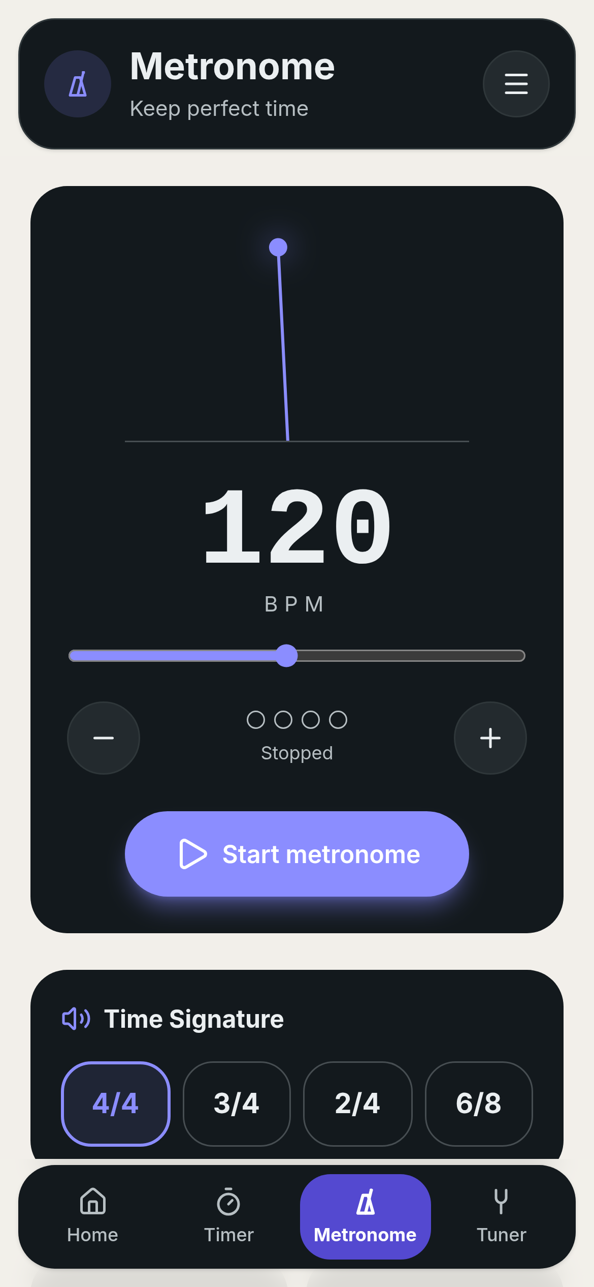 Practice Pulse Metronome screen with tempo and time signature controls