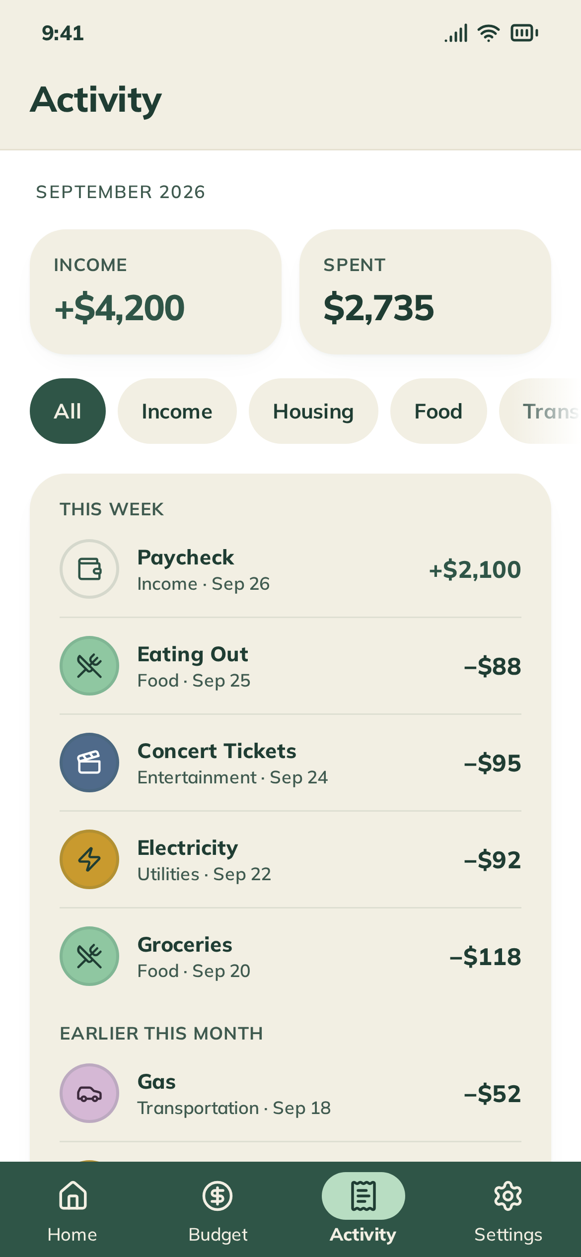Smart Budget Activity screen for September 2026 showing income and spending totals, category filters, and transactions grouped by recency.