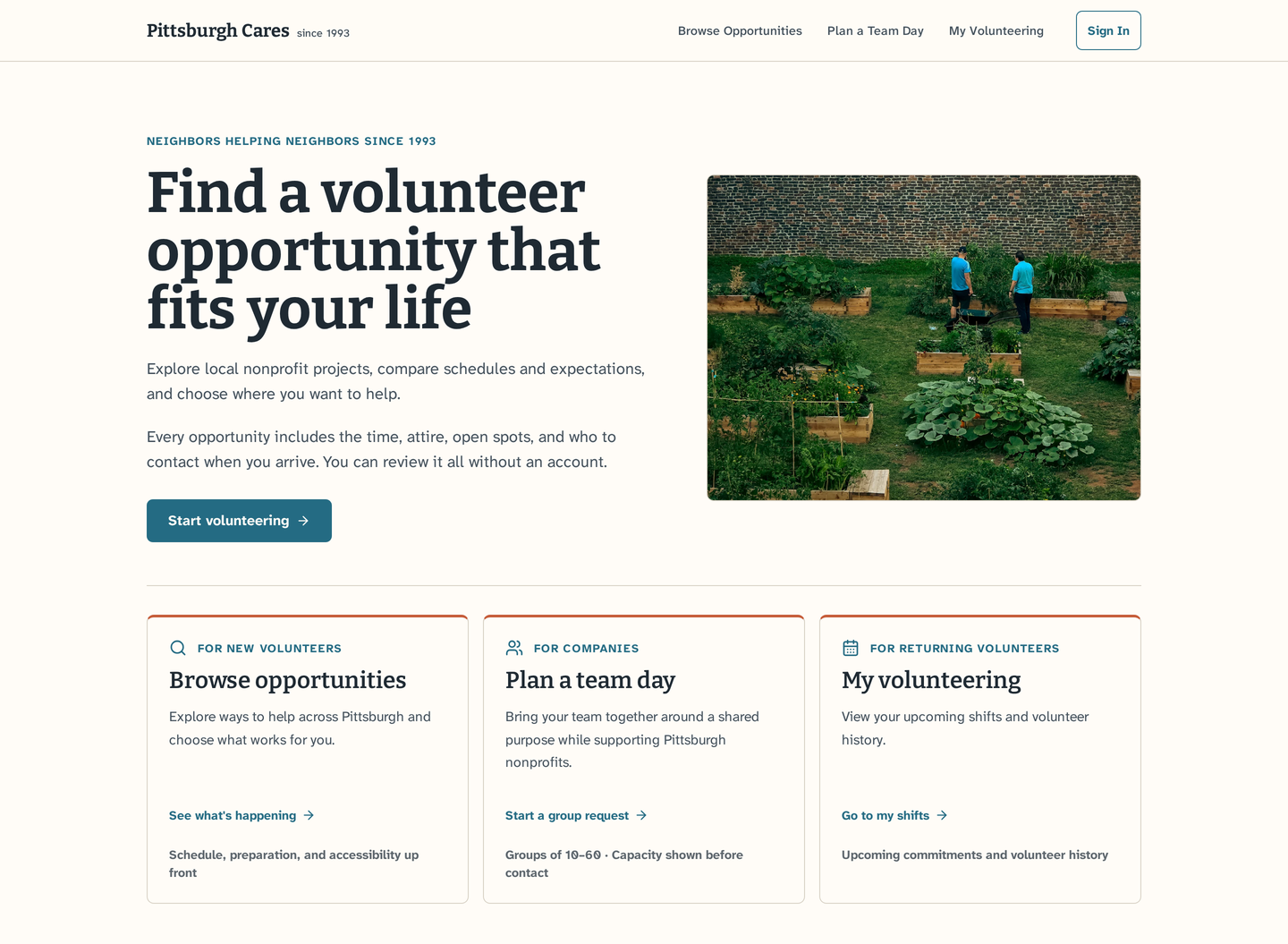 Redesigned Pittsburgh Cares homepage with the headline 'Find a volunteer opportunity that fits your life', a community garden photo, and three path cards for new volunteers, companies, and returning volunteers.