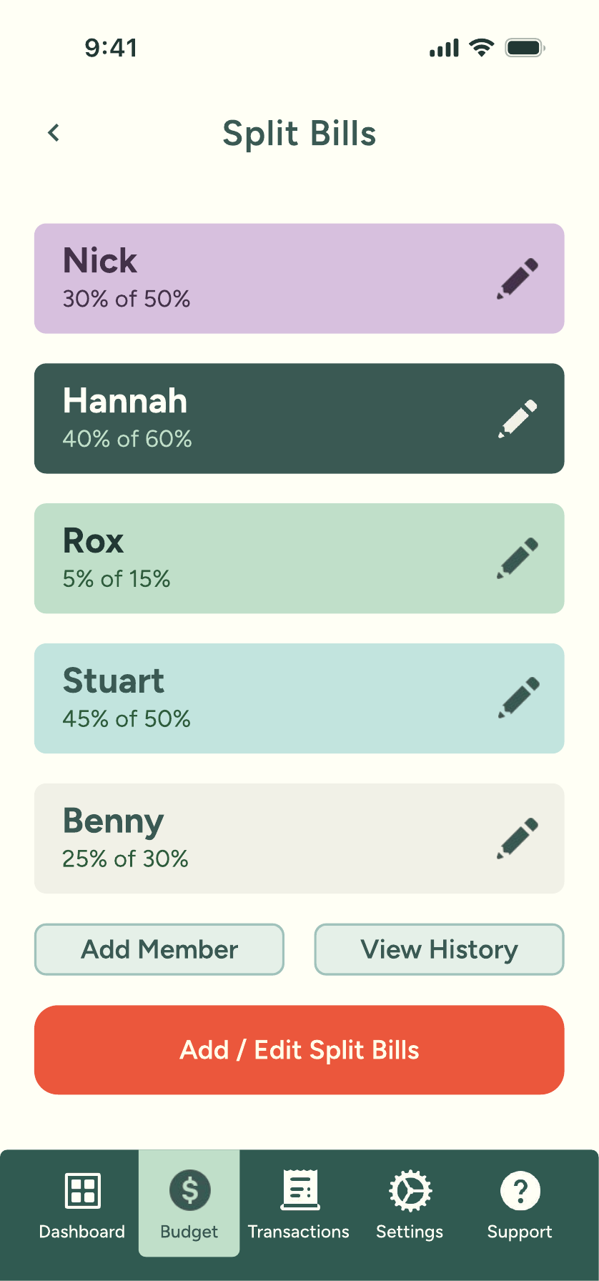 Split Bills screen listing five household members with each person's share percentage, an edit control per row, and buttons to add a member or view history
