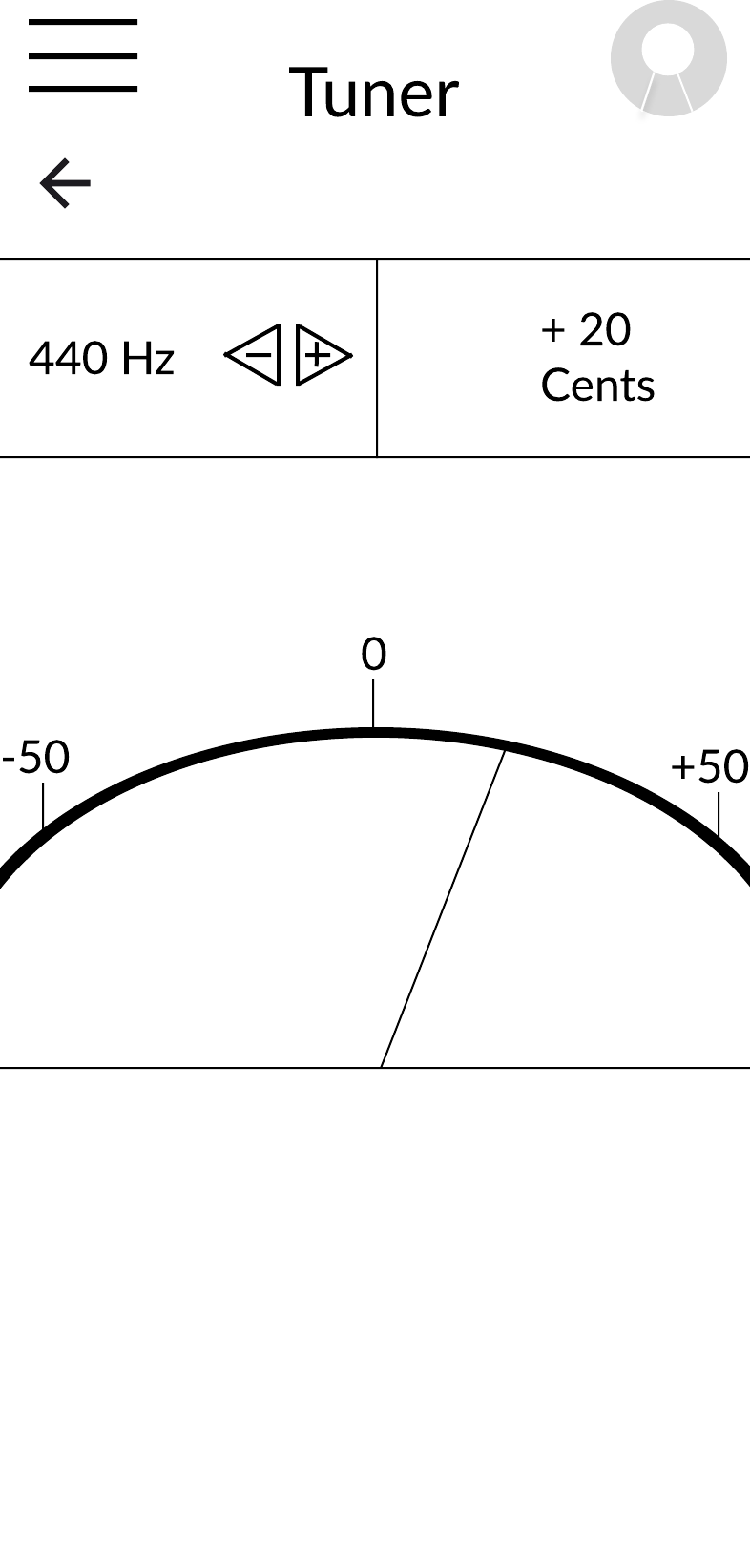 Early wireframe of the Tuner with a 440 Hz reference, cents readout, and a curved pitch gauge from minus 50 to plus 50