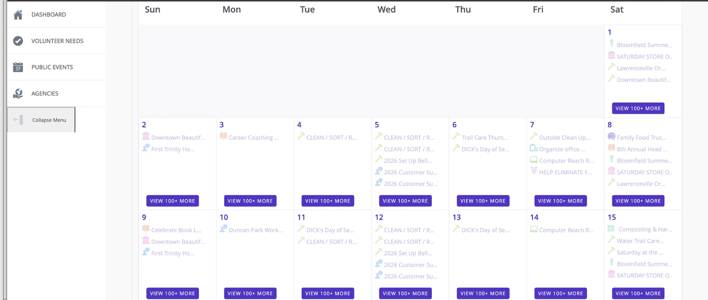 Pittsburgh Cares volunteer-opportunity calendar listings in a chronological stream