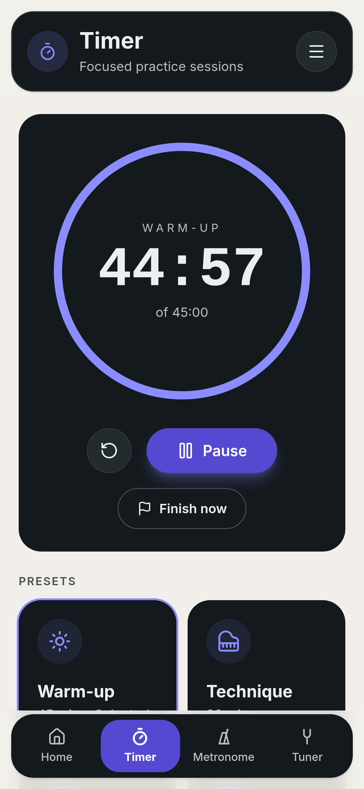 Practice Pulse Timer screen with a practice session running