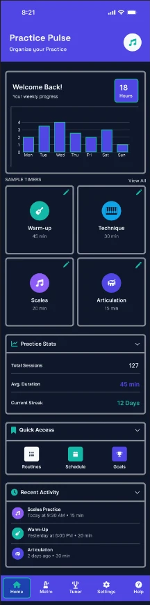 Early full-screen Practice Pulse Home mock-up with weekly progress, sample timers, practice statistics, quick access, recent activity, and bottom navigation