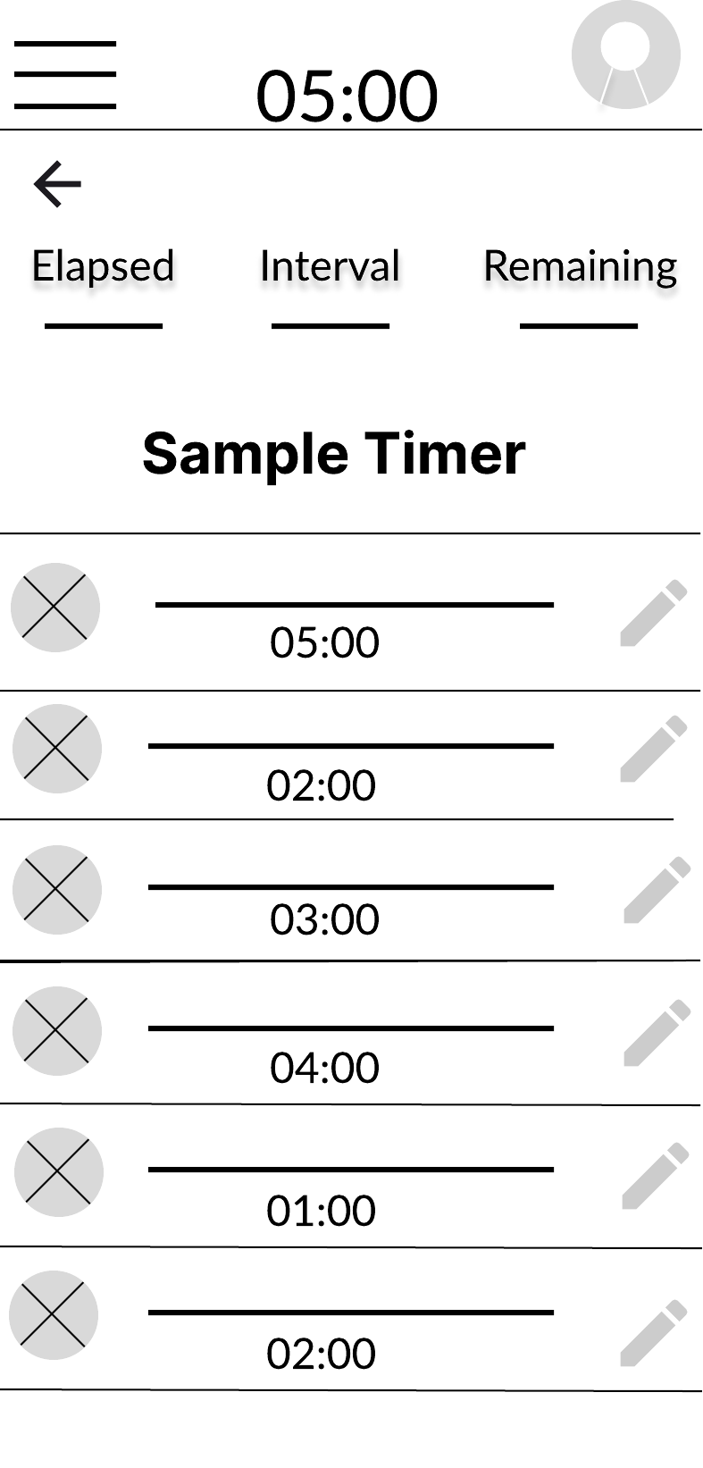 Early wireframe of a Sample Timer with elapsed, interval, and remaining tabs and a list of timed intervals