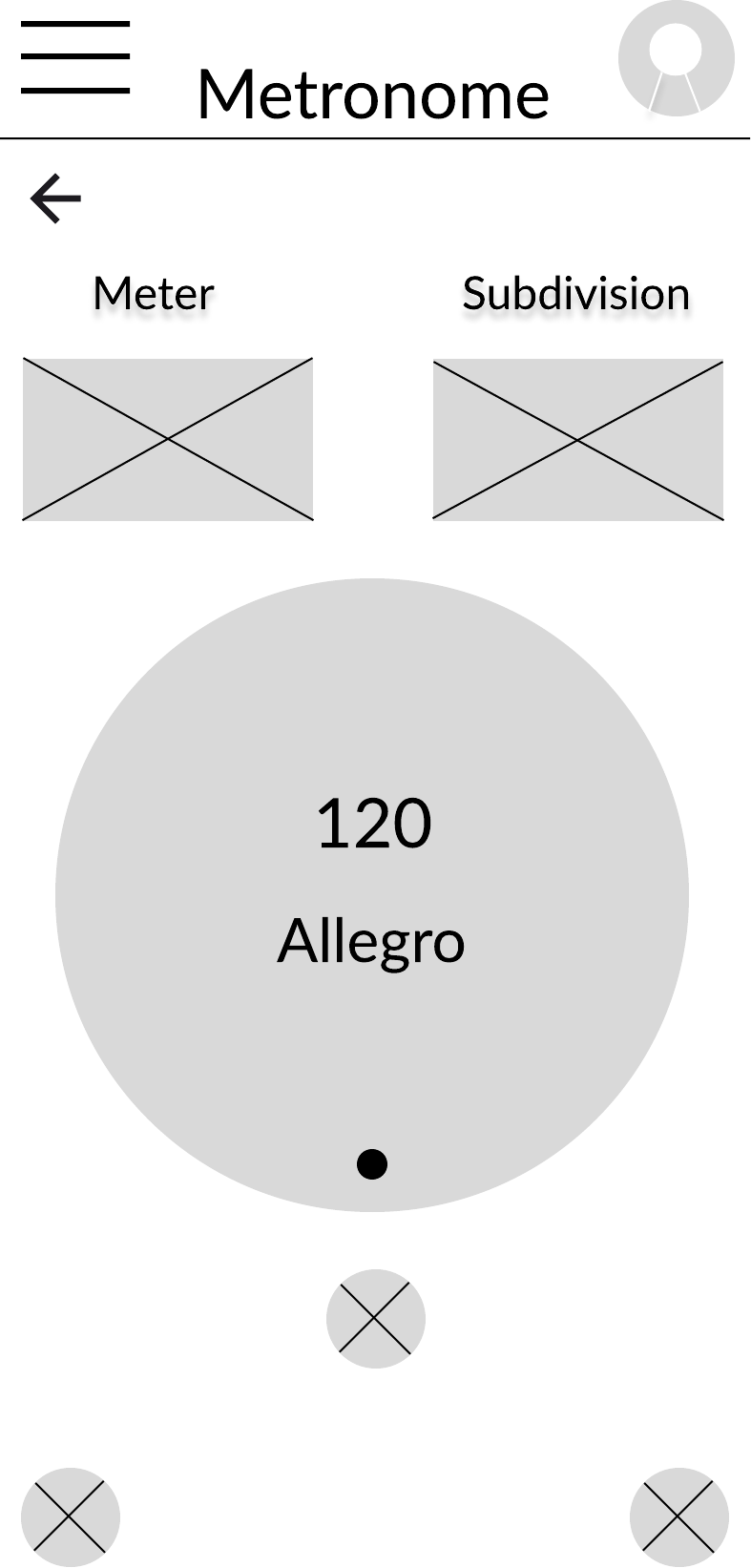 Early wireframe of the Metronome with meter and subdivision pickers and a large tempo display reading 120 Allegro