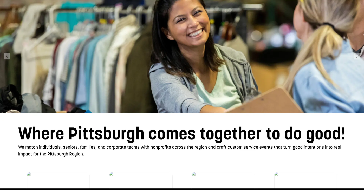 Pittsburgh Cares homepage carousel with auto-rotating promotional slides