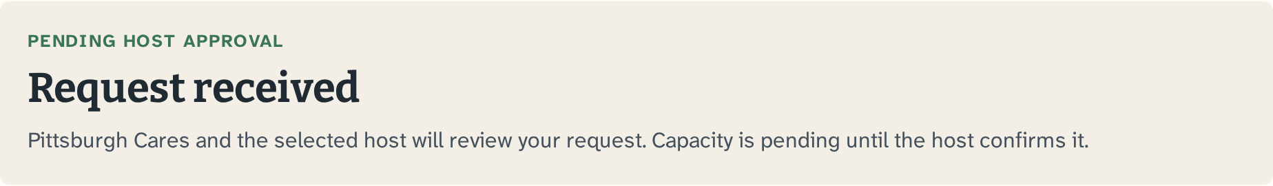 Pending host approval panel headed Request received, explaining that capacity remains pending until the host confirms it