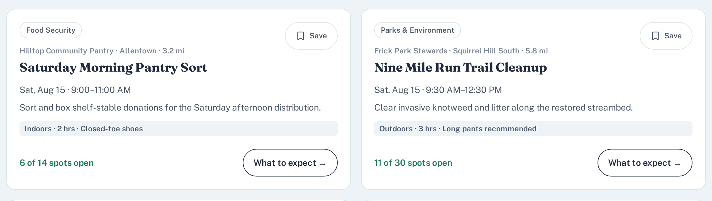 Browse page listing volunteer opportunities with dates, locations, and group size, with no login prompt