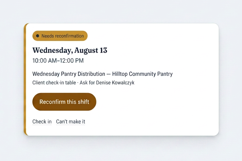My Volunteering page showing upcoming shifts with a Reconfirm this shift button