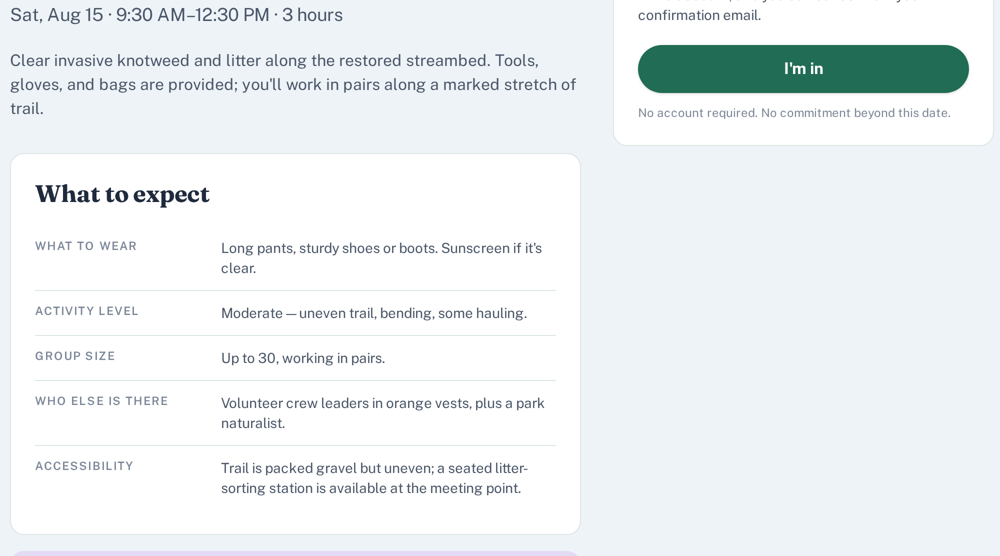 Opportunity detail page showing a what to expect strip with dress code, activity level, group size, and contact