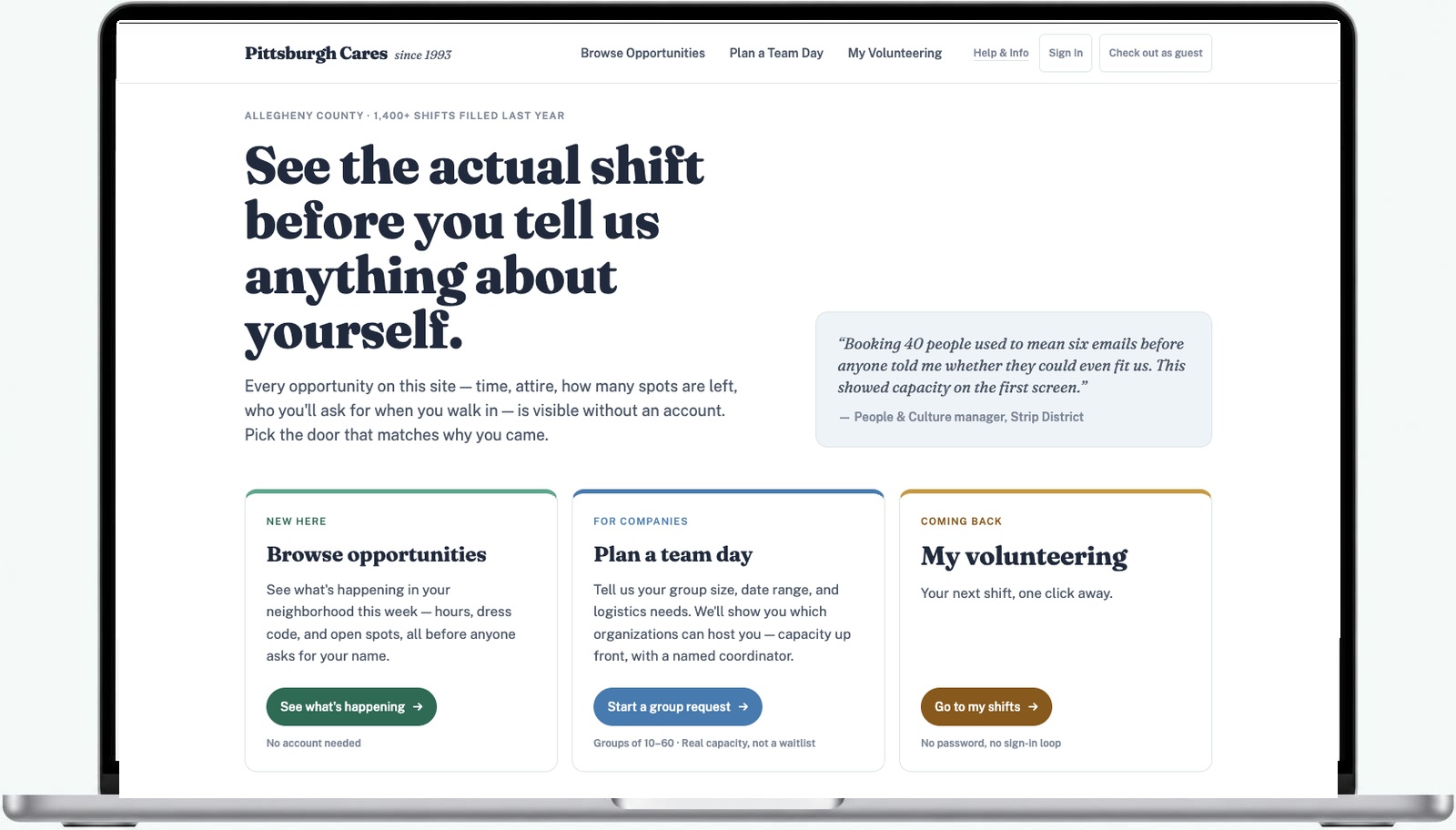 The redesigned Pittsburgh Cares homepage, showing separate paths for new, corporate, and returning volunteers