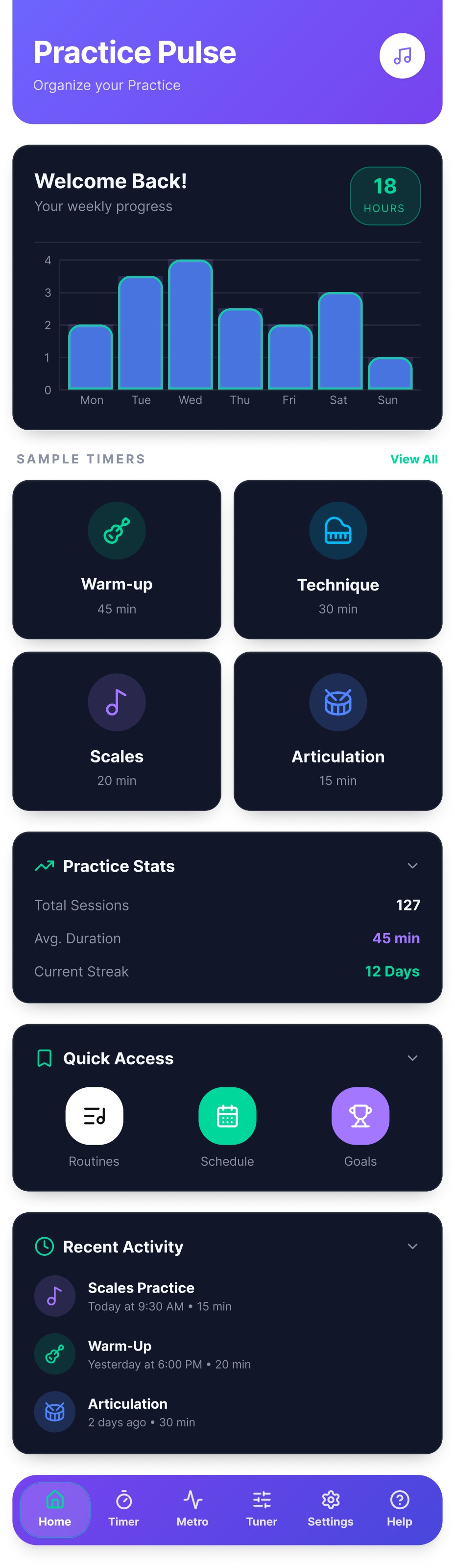 Helping musicians build consistent practice habits. — A mobile companion that turns daily practice into a calm ritual — weekly progress, streaks, and quick-launch routine timers keep musicians accountable without the overwhelm.