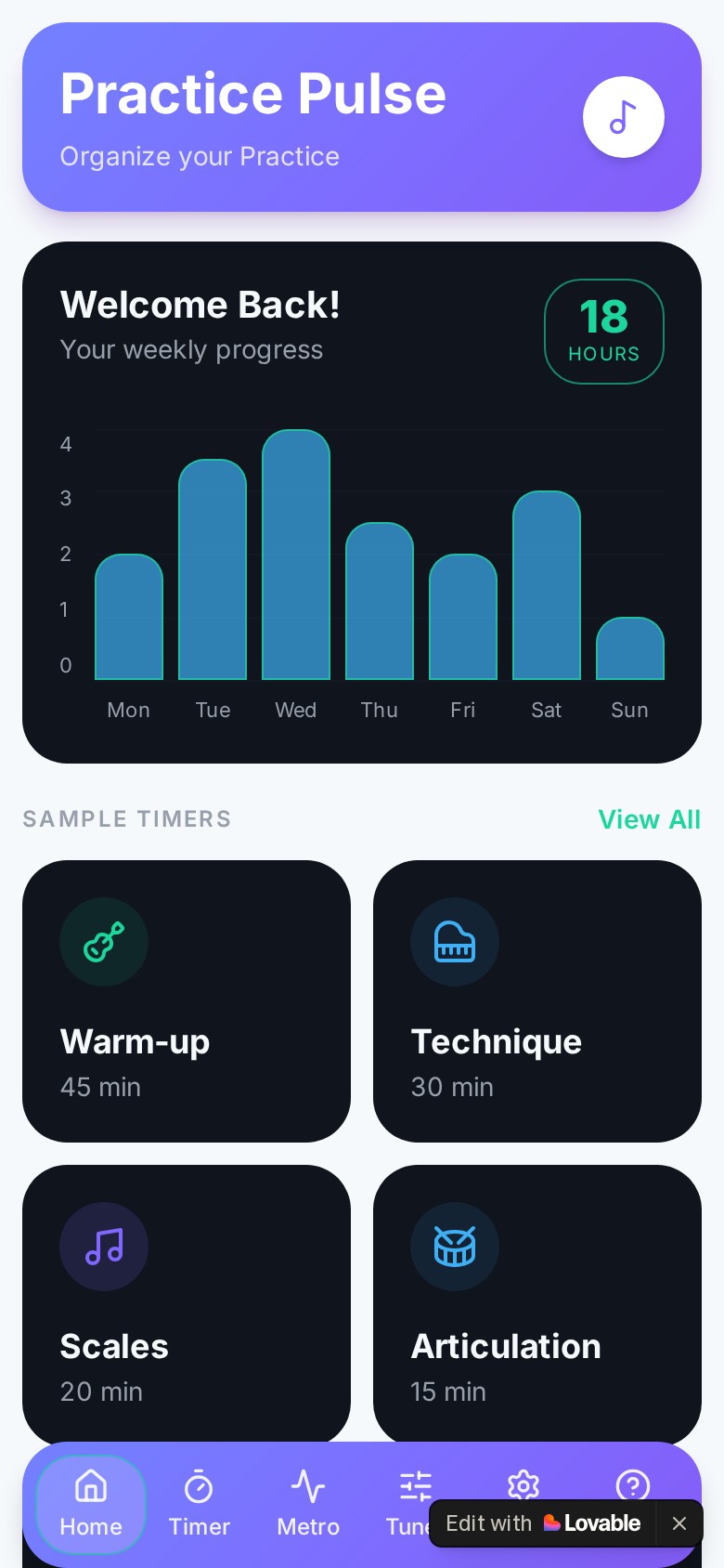 Helping musicians build consistent practice habits.. A mobile companion that turns daily practice into a calm ritual, with weekly progress, streaks, and quick-launch routine timers that keep musicians accountable without the overwhelm.