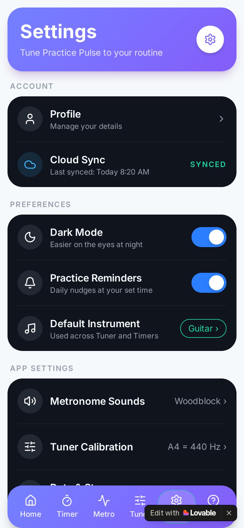 Pulse Navigator Settings screen
