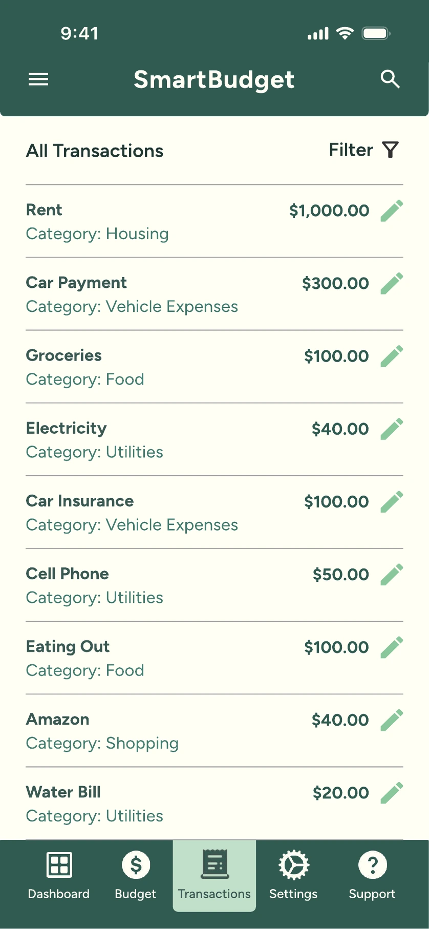 All Transactions screen listing rent, car payment, groceries and utilities with amounts, category labels, and a filter control