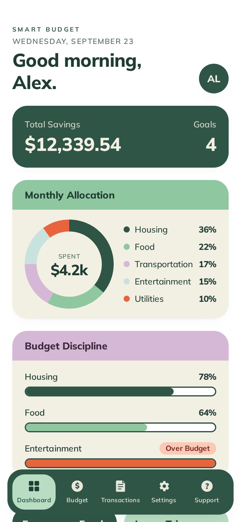 Smart Budget first build home screen showing total savings, monthly allocation, and budget progress